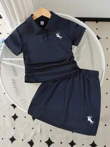 SHEIN Explorewe 少女休闲Polo衫，带刺绣领，搭配裙子，适合休闲、运动和校园穿着 - 藏蓝色 - 查看 9