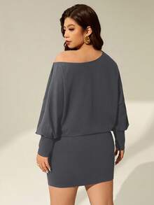 Auralis 大码纯色不对称领休闲连衣裙/露肩镂空设计，大码宽松上衣，大码紧身连衣裙/大码二合一罗纹高弹针织连衣裙/迷你裙/情人节/黑色Y2K酒吧演唱/休闲现代优雅 - 深灰色 - 查看 3