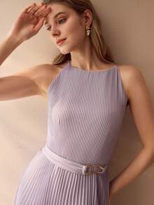 MOTF PREMIUM SOLID PLISSE METAL BELTED SLEEVELESS SHORT DRESS