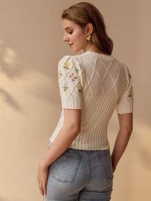 MOTF PREMIUM Áo len nữ tay phồng, thêu hoa, ôm dáng, thích hợp cho mùa xuân/hè. - Màu be - Xem 3