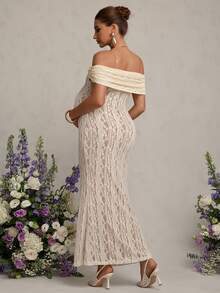 MaterniChic 孕妇纯色蕾丝拼接露肩连衣裙 - 杏色 - 查看 2