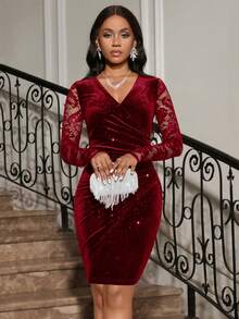 SHEIN Lady Rochie verde închis din catifea și dantelă cu mânecă lungă, cu decolteu în V, croială slim fit și fustă scurtă elegantă, verde, rochii de damă