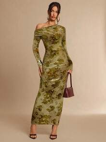 Silquee 优雅绿色植绒花卉不对称领口褶皱修身长袖连衣裙，适合女性穿着，可用于情人节、圣诞节、约会、外出、夜店派对、优雅聚会和日常穿着。 - 橄欖綠 - 查看 3