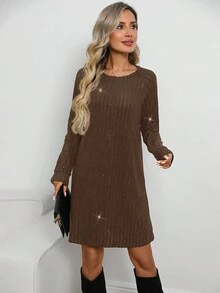 EMERY ROSE Women's Glitter Round Neck Long Sleeve Short Dress Jumper Dress Brown Dress Women Coffee Brown Dress Long Sleeve Dresses Woman - Coffee - View 3