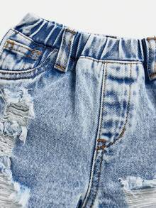 SHEIN Baby Boy Casual Washed Ripped Frayed Loose Straight Leg Denim Shorts,For Summer - Light Wash - View 4