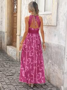 Brillora 女士度假植物印花撞色蕾丝露背吊带连衣裙 - 紫色 - 查看 6