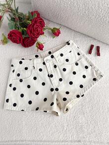 Comfortcana Women's Casual Polka Dot Print Denim Shorts Summer Clothes Spring Outfit Women Valentine Clothes  Carnival Outfit Beach Shorts Elegant Women's Shorts Vacation Outfits Women Casual Women Outfits Polka Dot Shorts White Shorts Women Fashionable Polka Dot Print High Waist Denim Shorts Casual Summer Short Pants - White - View 3