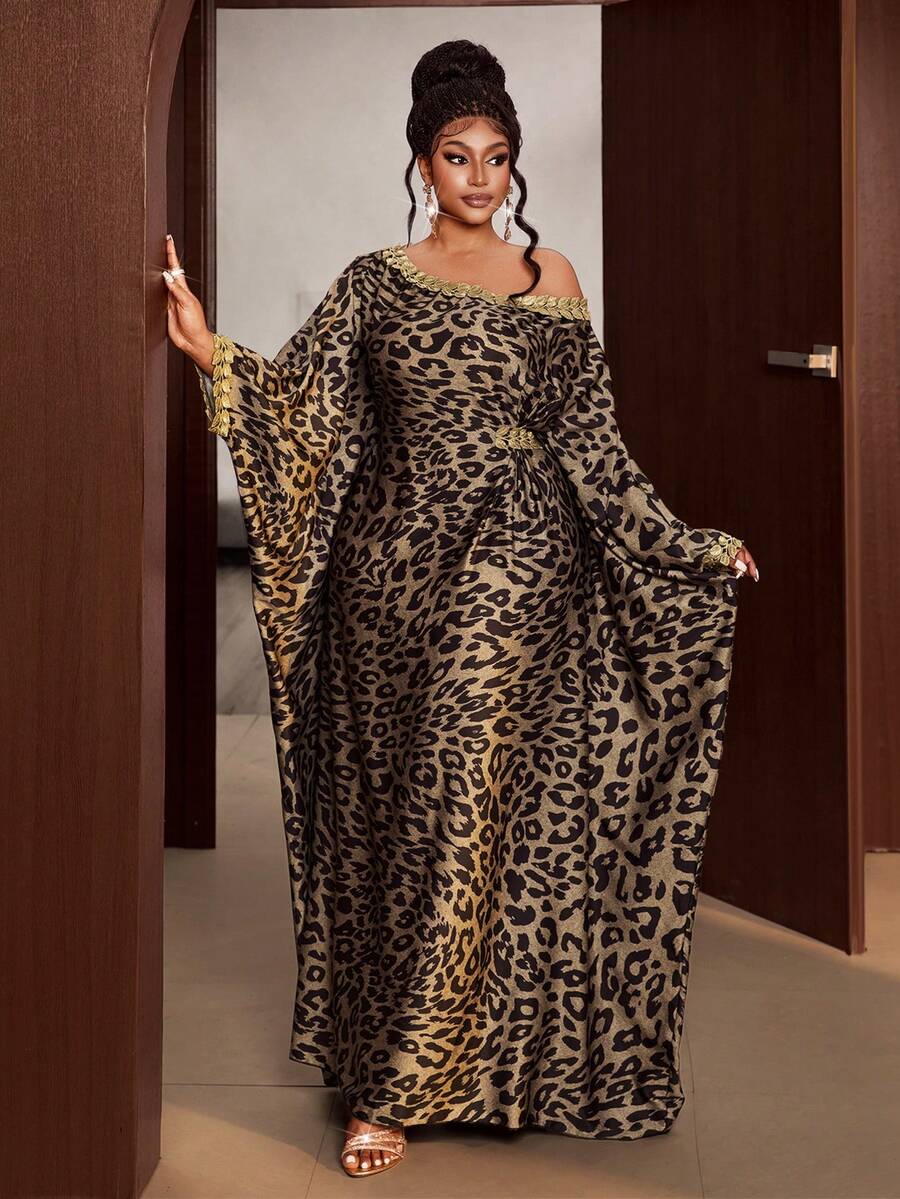 Maweii Đầm dáng rộng, thanh lịch, tay cánh dơi in họa tiết da báo dành cho nữ cỡ lớn, thích hợp cho các dịp trang trọng và tiệc tùng. - Màu xanh lam - Xem 1