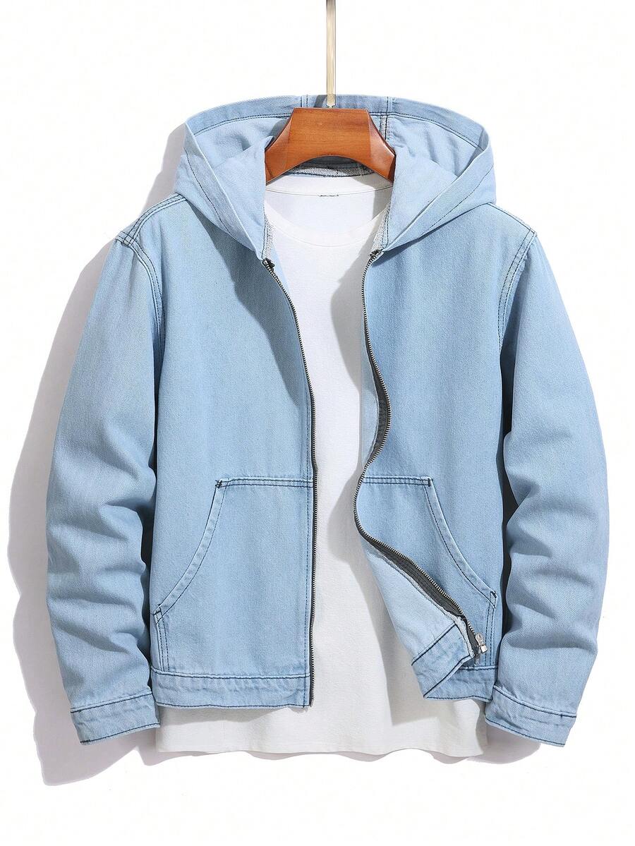 Manfinity Homme Áo khoác denim dài tay có mũ, màu trơn, phong cách thường ngày dành cho nam. - Rửa nhẹ - Xem 1