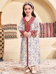 SHEIN Young Girls Minimalist Print Long Sleeve Dress Raditional Elegant Dignified Golden Floral Print, Young Girls Casual Minimalist Traditional Arabic Dress Suitable For Spring/Summer Daily, Festivals, Outings, Elegant Dignified Long Sleeve Arabic Maxi Dress, Prayer Abaya, Easy Comfort, Casual Wear, Vacay Vibes, Modest Kaftan, Kids Jalabiya