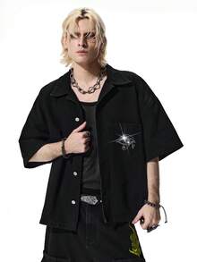 ROMWE MEN ROMWE Avant Men's Fashionable Rhinestone Embellished Denim Shirt, Summer - Black - View 3