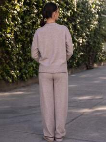 Andrea Bello Women's Casual Loose Contrast Color Knit Sweater Set, Long Sleeve Round Neck Top And Pants Set, Suitable For Spring, Autumn And Winter, Contrast Color Trim Knit Suit, Spring, Autumn And Winter Clothing, Commuting, Elegant, Casual Daily, Work Outfit,Fall - Khaki - View 3