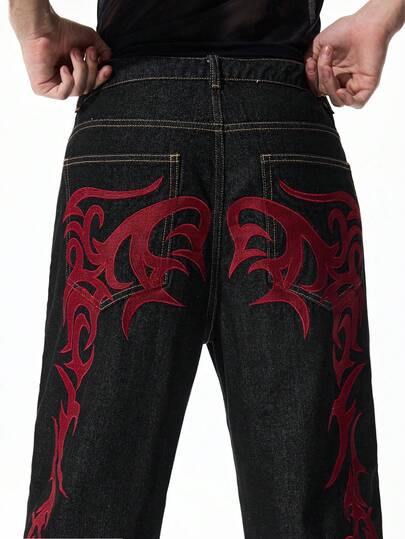 Street Life Jeans casual con stampa grafica sulla tasca, moda da strada per uomo