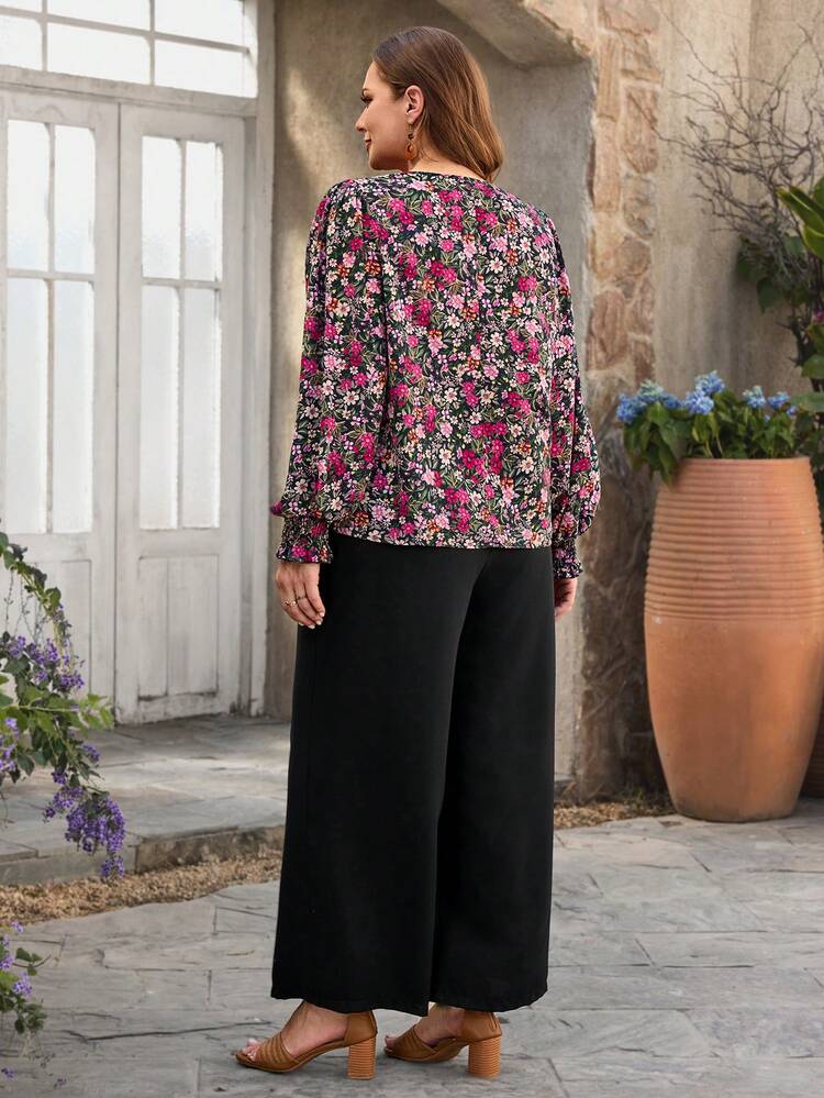 Plus Size V-Neck Long Sleeve Ditsy Floral Loose 2 Pieces Set,Flower/Summer/Spring/Vacation Country Style For Women Summer Holiday Outfits Spring Break Outfits Vacation Outfits Women Holiday Outfits For Women Beach Vacation Outfits For Women Blouse And Pants Set