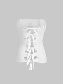 ROMWE Avant Visual Subculture Avant-Garde English Print Cropped Backless Twist Front Camisole Top For Women - White - View 3