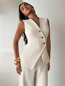 Aloruh Women's Khaki Elegant Commuter Minimalist Fashionable Asymmetric Open Front Sleeveless V-Neck Cinched Waist Jacket & Pants Suit, Spring/Summer - Khaki - View 5