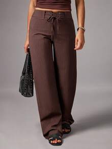 Avenya Striped Drawstring Waist Loose Sweatshirt And Pants Set - Brown - View 3