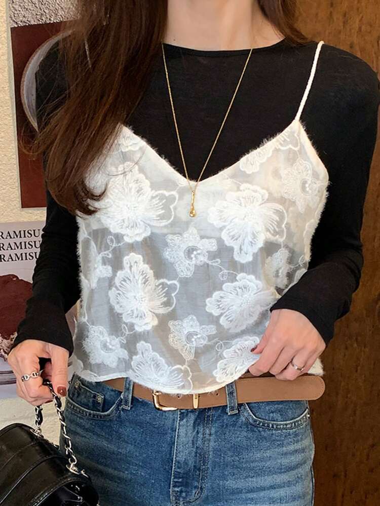 Casual Versatile Solid Color Floral Embroidery Camisole