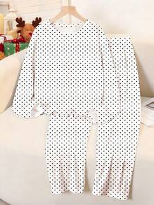 2pcs/Set Teen Girl Pop Art Mini Polka Dot Print Crew Neck Raglan Sleeve T-Shirt And Plaid Pattern Loose Casual Pants Loungewear Set, Chill Chill