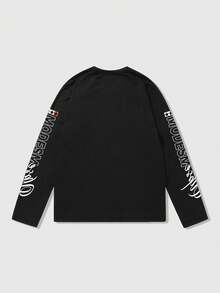 ROMWE MEN 男士街头字母印花圆领长袖休闲T恤，日常穿着 - 黑色 - 查看 2