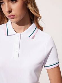 Gameset SHEIN Sport Camisa polo feminina de manga curta com estampa listrada em blocos de cores - Branco - Ver 6