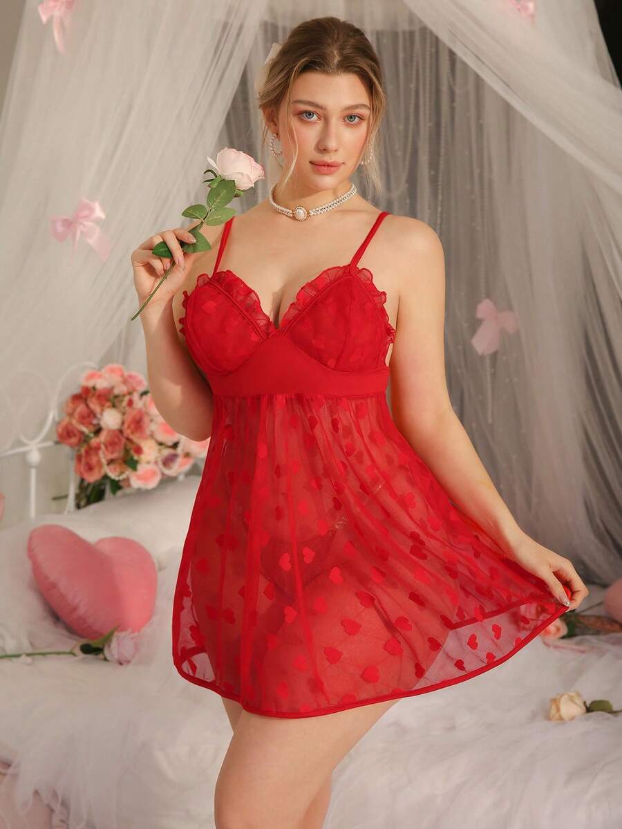 DelicateAllure 性感柔软吊带心形图案加大码睡裙，适合情人节 - 紅色 - 查看 1