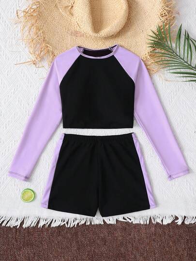 SHEIN Bộ đồ bơi đi biển thường ngày cho bé gái tuổi teen, gồm áo cổ tròn tay raglan và quần short, phối màu.
