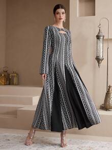 Al Najma Women's Elegant Geometric Print Patchwork Arabic Style Dress  Arabic-Style Long Kaftan Robe, Arabic Women's Dress, Turkish Dress, Abaya Robe, Traditional Women's Dress Arabic Style Long Dress Kaftan Jalabiya Dress Arabic Dress For Women Turkish Dress Abaya Dress Abaya For Women - Black - View 3