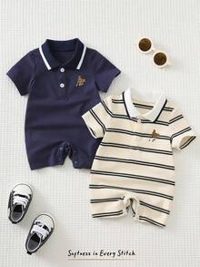 Cozy Pixies Newborn Baby Boy/Girl Cartoon Animal Striped Lapel Short Sleeve Romper & Shorts 2pcs Set Baby Sportswear Baby Golf Clothes Preppy Baby Boy Clothes Baby Boy Short Sleeve Suits - Multicolor - View 1