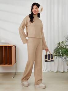 SHEIN 青少年女孩卡其色纯色休闲复古优雅宽松圆领落肩上衣和阔腿裤针织套装两件套，适合秋冬季，返校季节，温暖的冬季套装，女孩套装 - 卡其色 - 查看 7