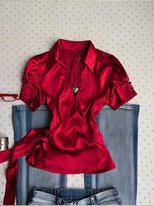 Glimmora Camisa de mujer de unicolor y manga corta minimalista, para uso casual diario - Rojo - Ver 4