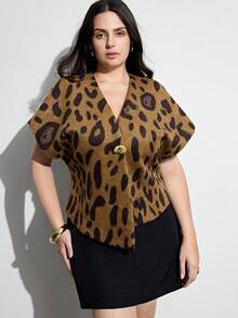 Aveloria Modichic Animal Print Woolen Fabric, Button Decor, Retro Chic Design, Fashionable & Versatile Women's Vest Blazer Top For Commuting