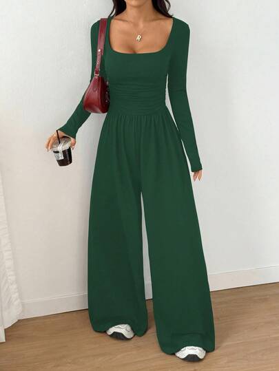 SHEIN Unity Women's Solid Color Square Neck Long Sleeve Pleated Casual Wide Leg Jumpsuit