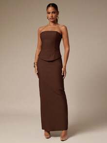 Silquee 女士优雅派对纯色上衣和裙子两件套 - 咖啡棕 - 查看 5