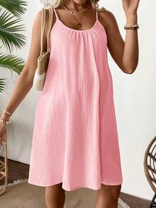 SHEIN Maternity Solid Color Spaghetti Strap Sleeveless Textured Fabric Casual Summer Dress - Pink - View 4
