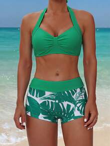 Swim Lushoire 女士露背吊带休闲夏季沙滩泳装套装 热带风情两件套 沙滩两件套 高腰泳装套装 两件套度假套装 女士高腰比基尼套装 - 綠色 - 查看 1