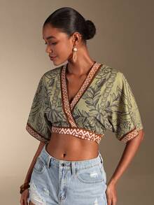 SHEIN Swim Vcay 女士V领波西米亚风撞色滚边打结印花和服罩衫休闲波西米亚假日派对复古女士老钱风格女士沙滩比基尼2026夏季女士沙滩优雅休闲夏季度假女士露脐和服女士露脐上衣女士裹身上衣女士上衣波西米亚风女士上衣 - 彩色 - 查看 4