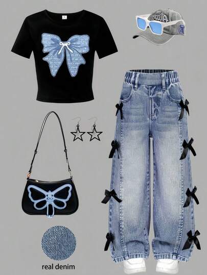 SHEIN Y2K Cute Style Black Round Neck Short Sleeve T-Shirt (3D Light Blue Sequin Bow Decor) + Light Blue Wide Leg Jeans (Side 3D Black Bow Decor) Fashion Set, Casual Outfit For Tween Girl