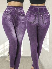 EMERY ROSE Plus Size Fashionable Sexy Denim Effect Print Women Skinny Pants