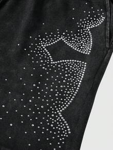 ROMWE MEN Men's Elastic Waist Rhinestone Embellished Fashionable Summer Shorts - Black - View 8