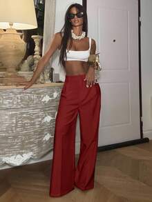 Ronhire Quần ống đứng lưng cao Mira thời trang đường phố thanh lịch cho nữ - Màu Đỏ Sâu - Xem 1