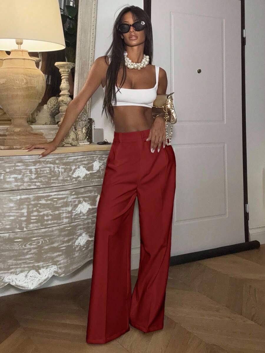 Ronhire Quần ống đứng lưng cao Mira thời trang đường phố thanh lịch cho nữ - Màu Đỏ Sâu - Xem 1