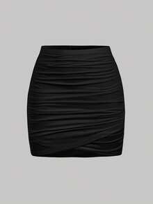 SHEIN MOD 两件套女士纯色褶皱紧身半身裙，黑白配色，适合夏季、春假、情人节、生日、外出、Y2K假期等场合，褶皱裙，黑白裙，两件套半身裙，嘉年华服装 - 黑與白 - 查看 7