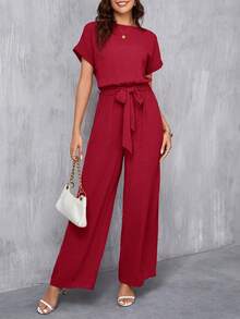 SHEIN Clasi Bộ áo liền quần cỡ lớn thanh lịch cổ tròn có thắt lưng và ống rộng. - Đỏ - Xem 3