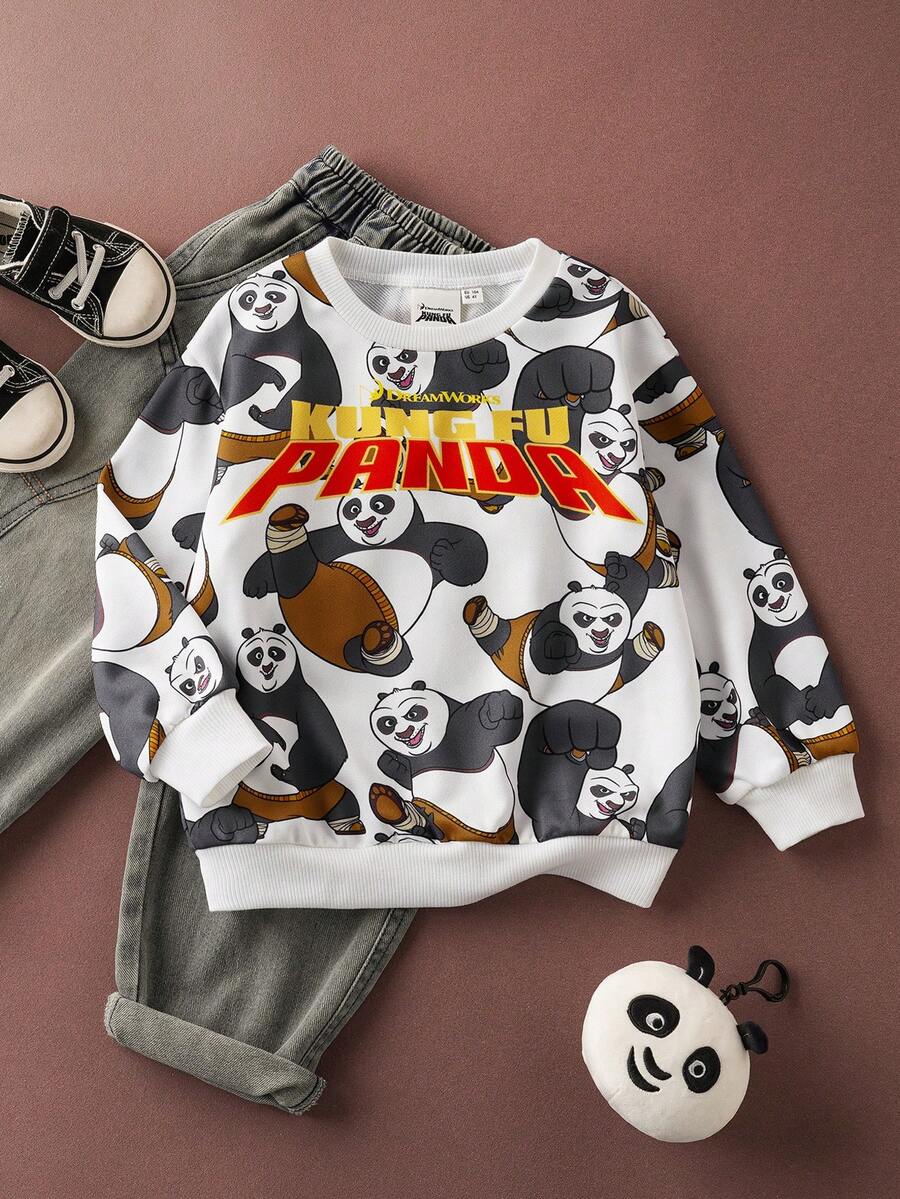SHEIN Kung Fu Panda Young Boy Cartoon Pattern Crew Neck Long Sleeve Sweatshirt - White - View 1