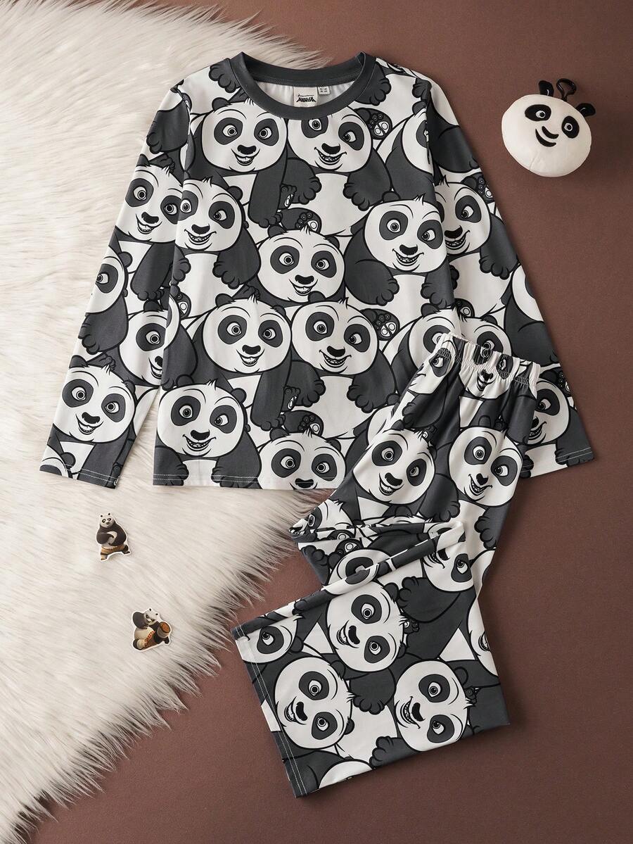 SHEIN Kung Fu Panda Tween Boy Cute Panda Allover Print Long Sleeve Top And Pants Pajama Set, Spring/Autumn - Multicolor - View 1