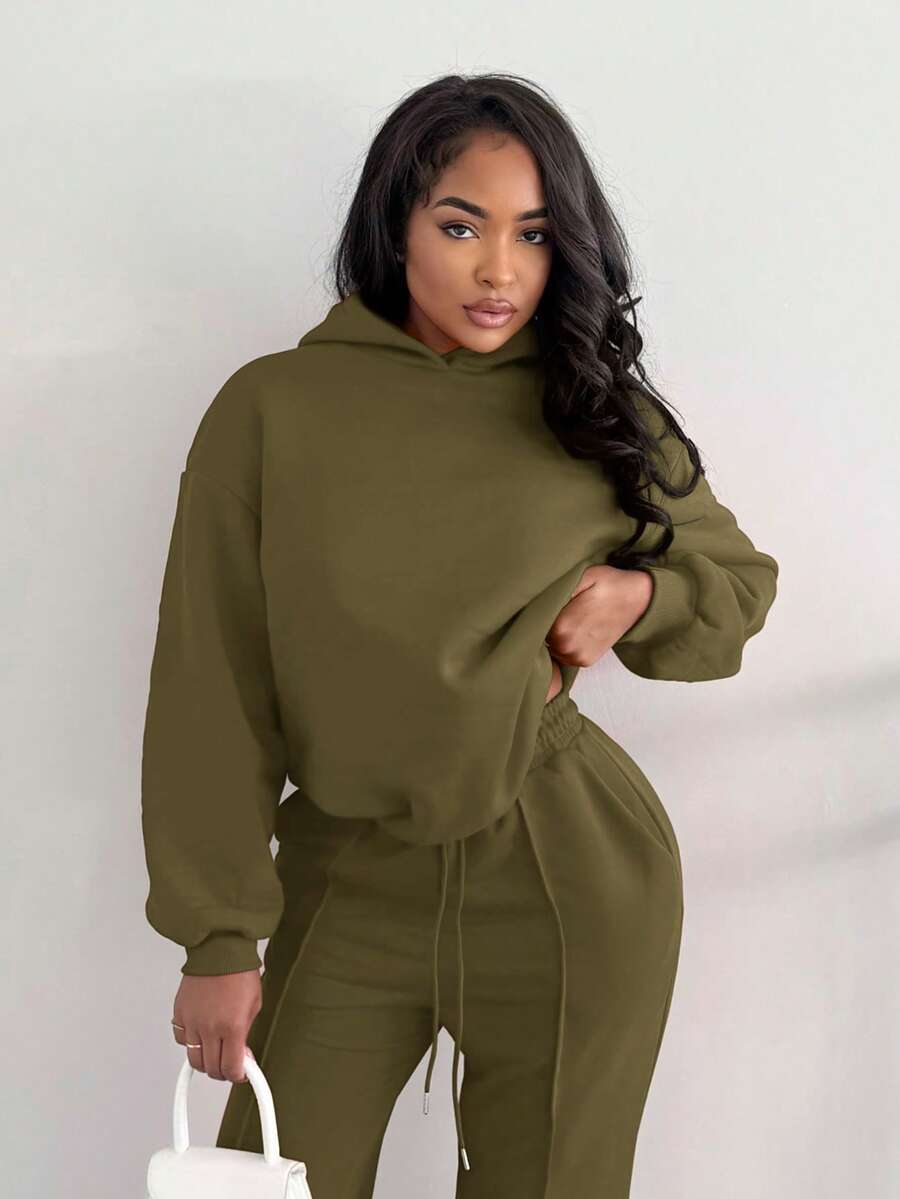 Alexandranx Summer Outfits Women's Simple Casual Solid Color Pullover Hooded Long Sleeve Hoodie Without Drawstring Oversize In Fall/Winter - Army Green - View 1