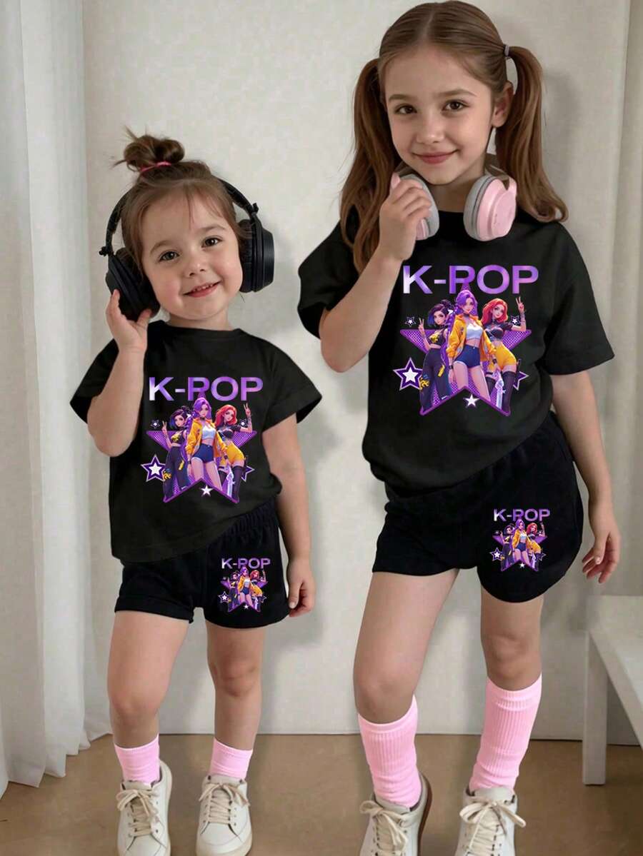 Young Girls' Casual Cartoon Print T-Shirt And Shorts Set, Summer - Purple - View 1