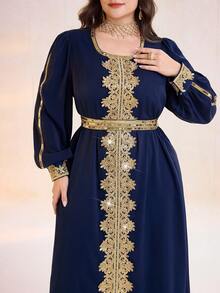 Al Najma Plus Size Elegant Patchwork Water-Soluble Lace Lantern Sleeve Dress - Navy Blue - View 2