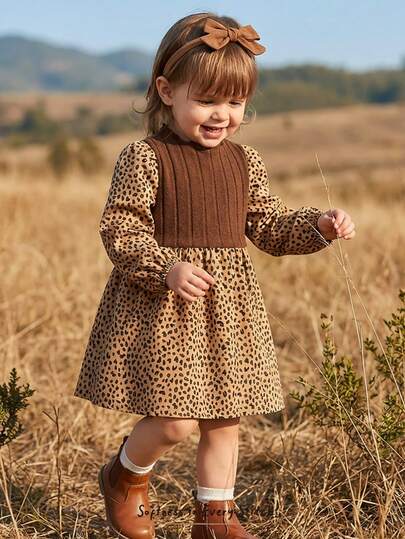 Cozy Pixies Baby Girl Colorblock Round Neck Leopard Texture Ribbed Long Sleeve Waist Cinched Dress, Versatile & Comfortable